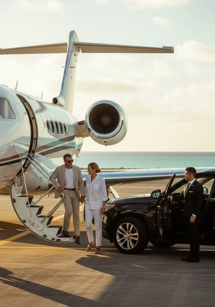 couple exiting private jet coastal runway luxury vacation