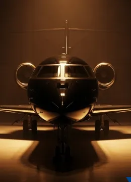 head on view black private jet cockpit golden hangar light