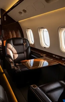 luxury private jet interior plush leather seat wood table