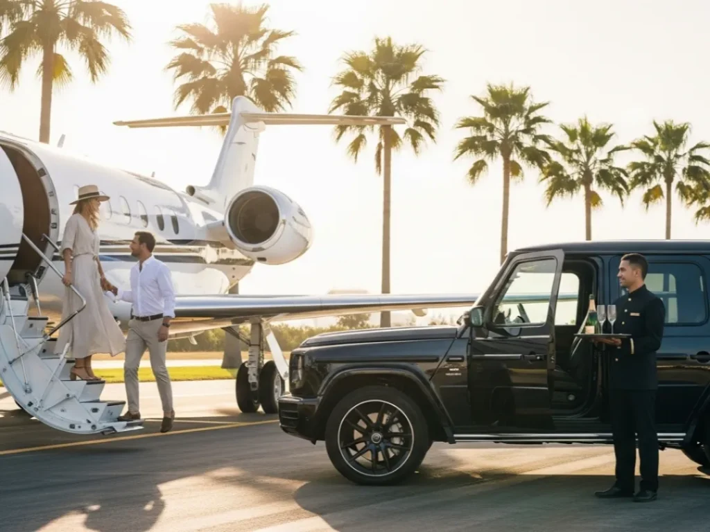 luxury vacation travel private jet arrival tropical
