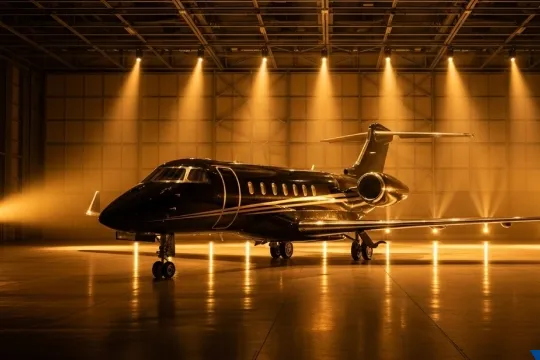 sleek black private jet modern hangar golden spotlights